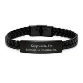 Funny Pharmacist Gifts, Keep Calm I'm (almost) A Pharmacist Interlaced Leather Bracelet for Birthday, Gifts from Family to Pharmacist - Image 1